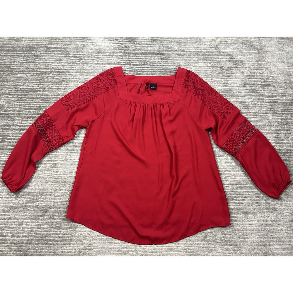 New Directions Top Womens Large Red Square Neck Semi Sheer Long Sleeve Crochet